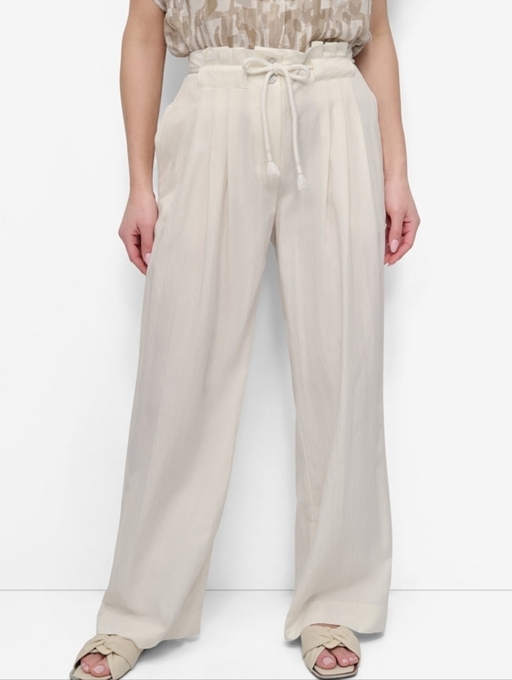 DKNY Cream Wide-Leg Drawstring Pants Tie-Front Wide-Leg Palazzo